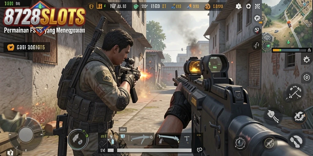 Screenshot gameplay 8728SLOTS menampilkan aksi tembak-menembak yang intens.