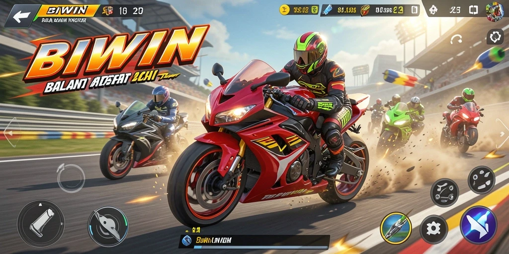 Tampilan gameplay <strong>BIWIN</strong> yang mengasyikkan menunjukkan aksi balapan motor yang seru.