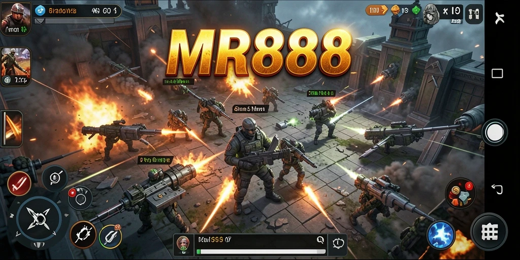 Tangkapan layar gameplay menegangkan dari MR888 yang menunjukkan pertempuran intens.