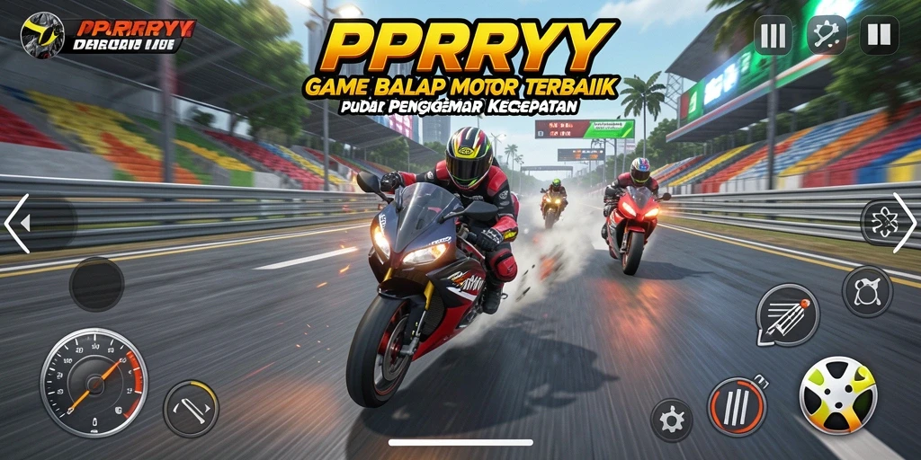 Screenshot gameplay PPRRYY menampilkan aksi balap motor yang mendebarkan.