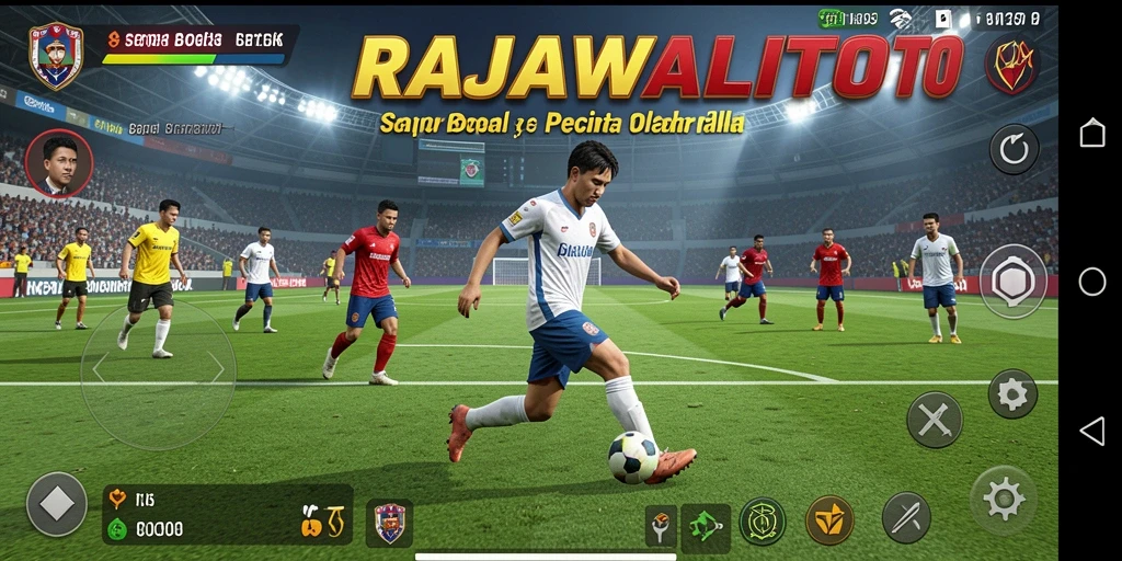 Tangkapan layar gameplay RAJAWALITOTO yang menampilkan aksi sepak bola yang seru.
