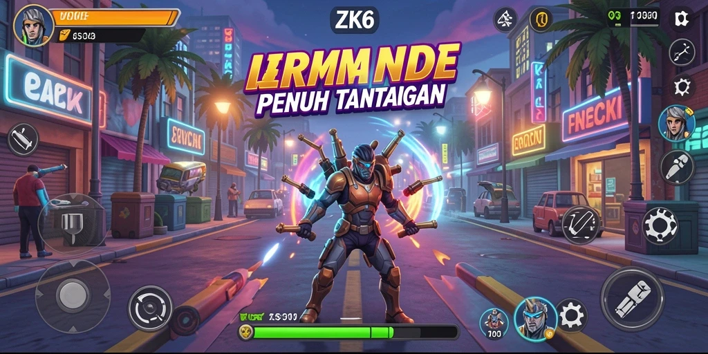 Screenshot utama ZK6 menampilkan gameplay Arcade yang seru.